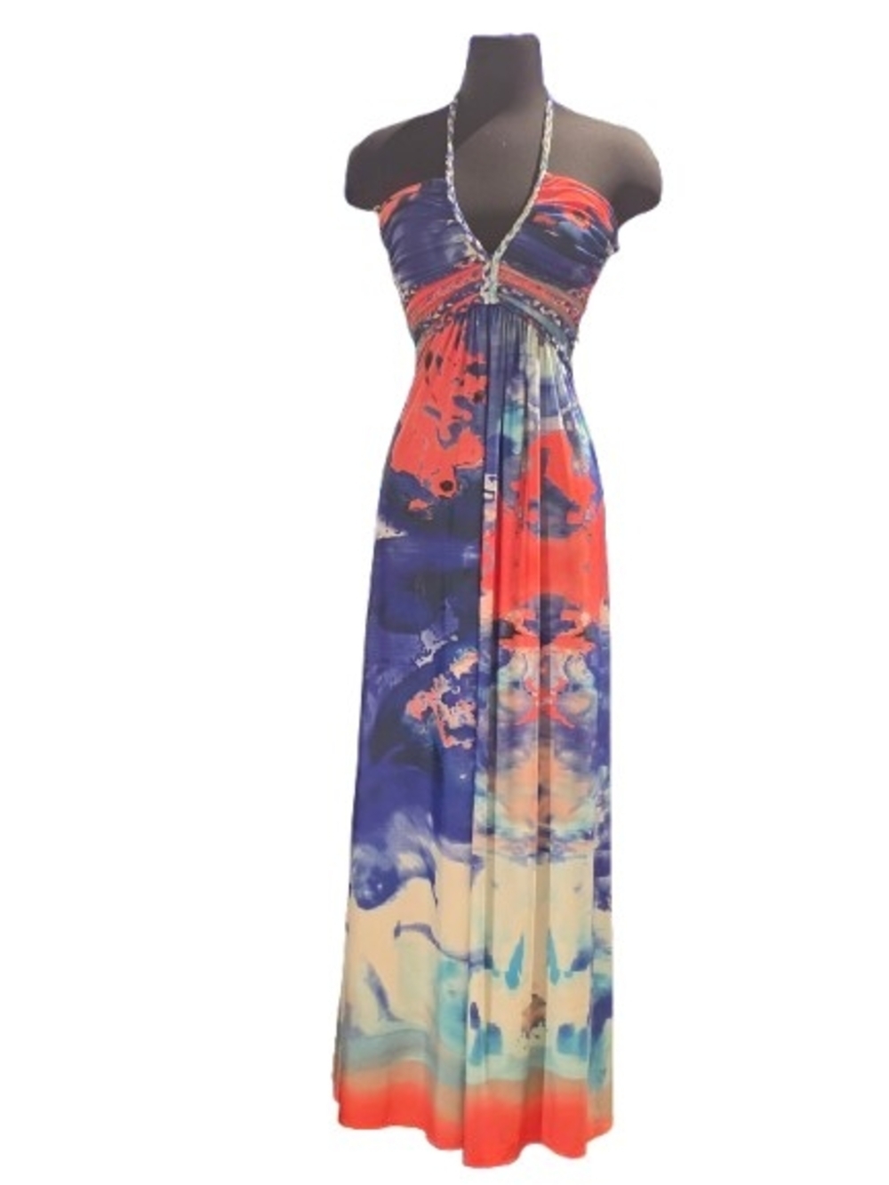 Cynthia Rowley Blue and Coral Halter Maxi Dress SZ M image 2